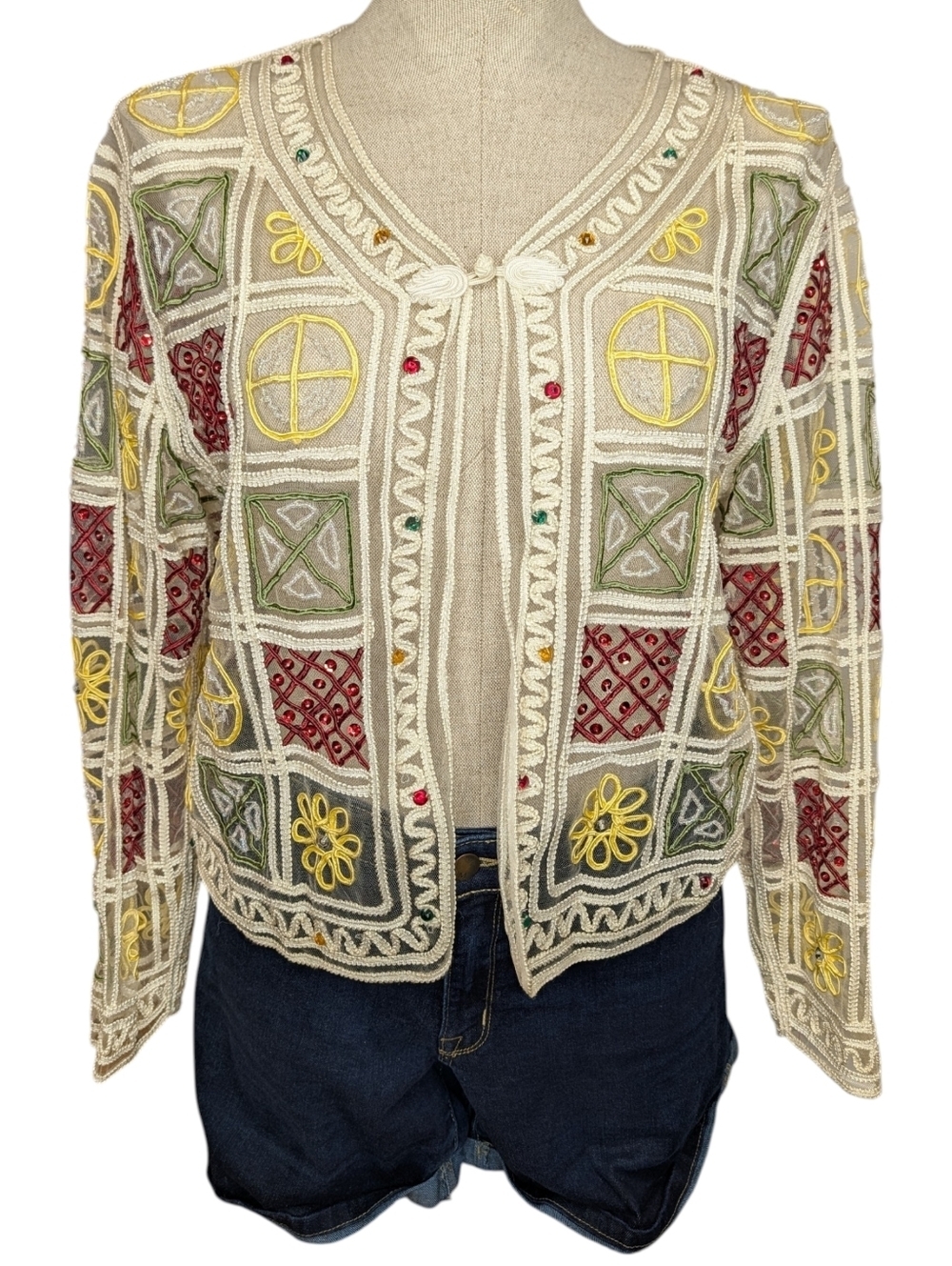 Vintage Valenti Beaded Sheer Embroidered Jacket Ivory L